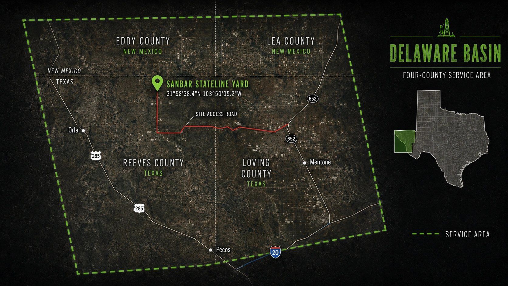 Service-area map showing SanBar Stateline Yard, Eddy County, Lea County, Reeves County, Loving County, Orla, Mentone, Pecos, and major access roads